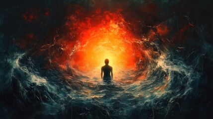 Obraz premium solitary silhouette standing in turbulent ocean waves facing a blazing orange vortex of light, dramatic confrontation and awe