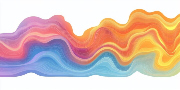 multicolored flowing layered waves with fine contour lines on white background, cool blues and purples blending into warm yellows and oranges, calm and uplifting