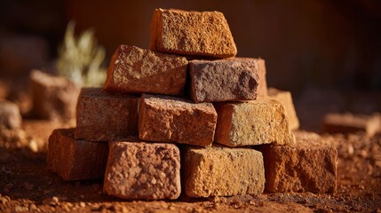 Stacked clay bricks arranged in a pyramid formation