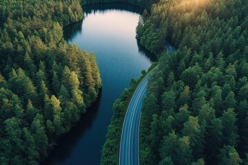 Obraz premium Aerial view of a winding two-lane road cutting through dense evergreen forest beside a calm lake at golden hour, evoking peaceful solitude
