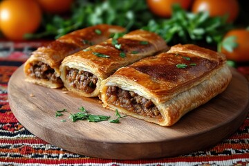 Three golden flaky meat-filled pastry rolls sliced on a wooden board with fresh parsley and tomatoes, warm and appetizing