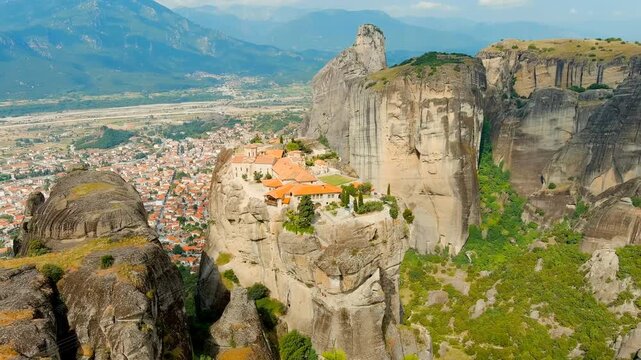 Meteora, Kalabaka, Greece. Monastery of St. Stephan. Meteora - rocks, up to 600 meters high. There are 6 active Greek Orthodox monasteries listed on the UNESCO list. Drone footage, Point of interest