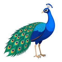 Obraz premium Elegant vector art of a blue peacock with vibrant tail feathers, isolated on a white background