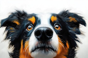 Obraz premium close-up painted tricolor dog face with large black nose, amber eyes and textured brushstroke fur, curious attentive and hopeful expression on a white background