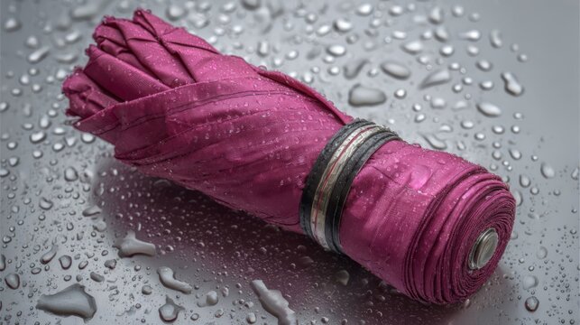 Folded Compact Purple Travel Umbrella in Rain with Water Drops