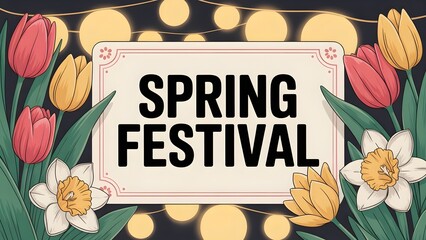 Elegant Spring Festival Poster Card with Tulips and Lantern Glow