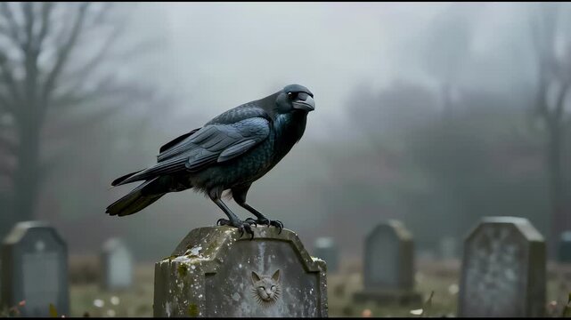 a close-up of a black crow perched on top of a stone headstone. The crow is facing towards the right side of the video, with its head turned slightly towards the left side.
