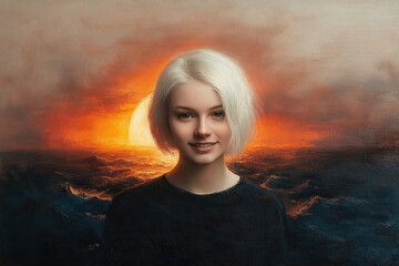 Backlit portrait of a solitary figure with short platinum hair against a turbulent sea and blazing sunset, evoking melancholy and quiet introspection