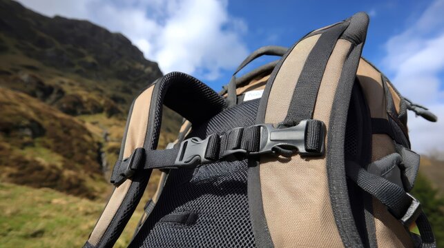 Close-up of Backpack Sternum Strap in Outdoor Mountain Setting