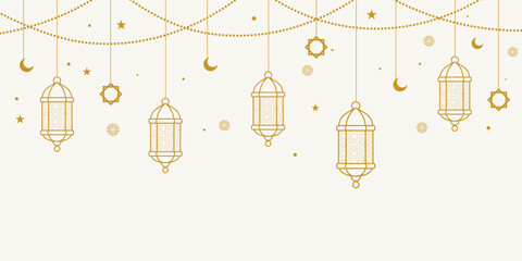 Islamic traditional lantern hanging line art with stars and crescent moon for greeting card decoration or poster design banner,Golden Islamic Lanterns and Crescent Moons Ramadan Kareem Background © Fauzi