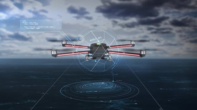 Drone flying over ocean scanning area with HUD data