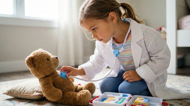 Young girl playing doctor with stuffed bear in cozy indoor setting  