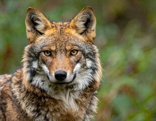 Intense close-up portrait of a wild coyote wolf with piercing golden eyes, looking directly at the camera.