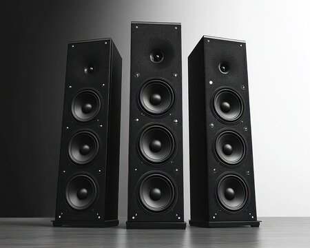 Three black floor-standing tower speakers with multiple woofers and tweeters on a wooden floor against a gradient backdrop, conveying powerful, refined modern audio presence