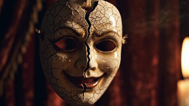 Cracked mask with unsettling smile hangs against dark red backdrop, candle flame glows softly in the foreground