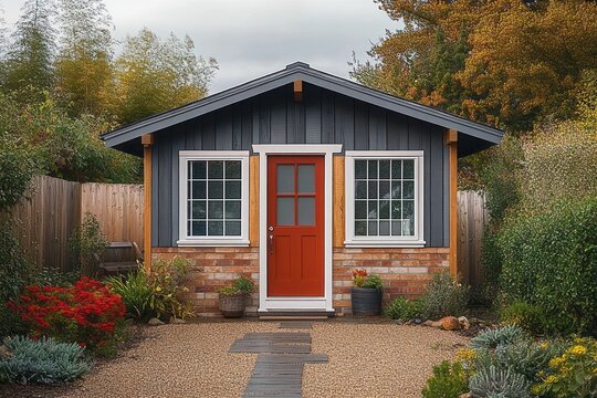inviting cozy garden cottage with red door, blue siding, brick base, twin windows, gravel stepping-stone path and autumn foliage