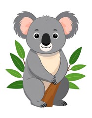 A cartoon koala bear sitting on a tree branch with green leaves