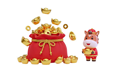 Cute horse and overflowing money bag with gold ingots