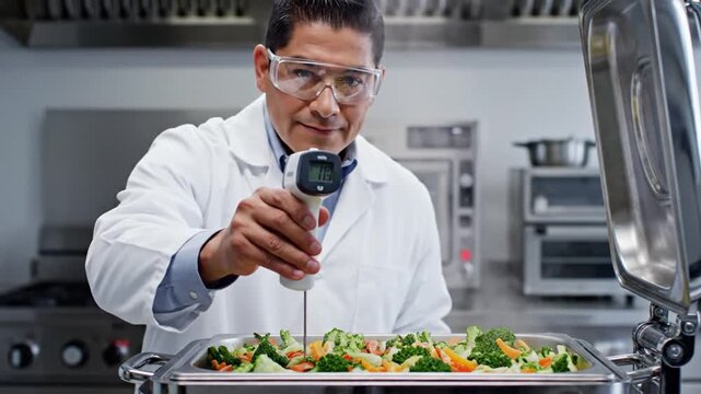 A scientist in a lab coat checks the temperature of cooked vegetables with a thermometer