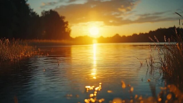 Sunset Serenity on the Lake, The golden orb of the sun dips towards the horizon, casting a warm glow across a tranquil lake.