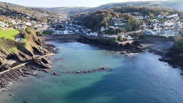 Aerial view over Combe Martin, Devon, from a drone 4K video