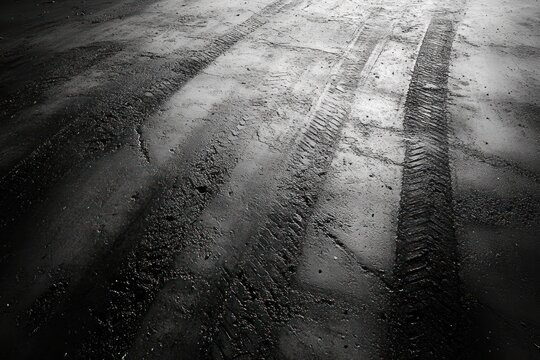 Two parallel tire tracks on wet muddy ground in black and white, glistening ruts and textured surface under dramatic light, evoking solitude and motion