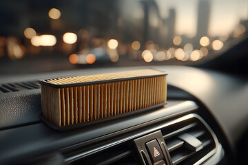 A close-up shot of an automotive air filter resting on a car dashboard. blurred city lights in the background create a warm, urban ambiance, the importance of car maintenance within dynamic city life.