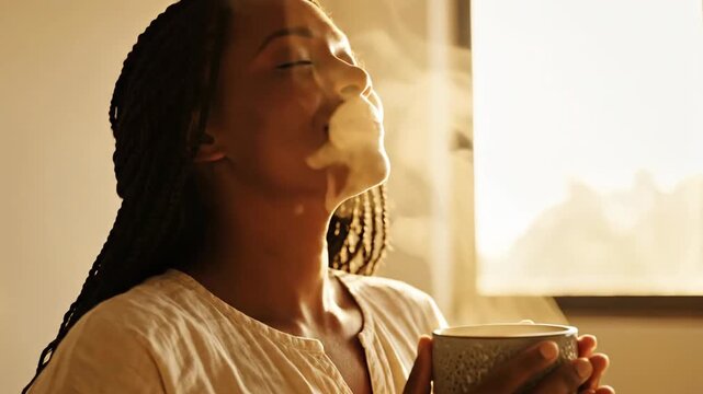 Profile of relaxed woman with braids holding steaming mug in warm, soft lighting
