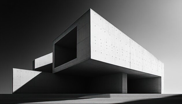 Monolithic minimalist concrete structure in stark black and white with cantilevered rectangular volumes casting dramatic shadows over an empty plaza, conveying a serene and austere mood