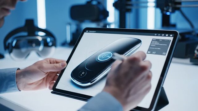 A man in glasses uses a stylus on a tablet showing a 3D design in a high-tech lab setting