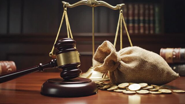 Gavel, scales, and a bag of gold coins sit on a desk with books in the background, alluding to legal justice