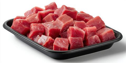 Raw diced beef cubes presented in a black plastic tray on a white background. Uniform cuts and fresh color highlight quality, suitable for meal preparation, grocery packaging, and culinary application