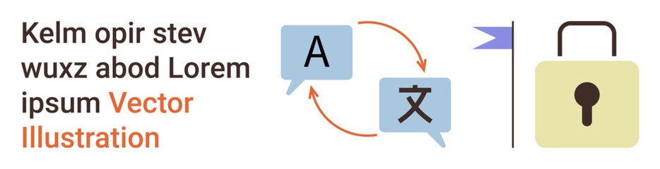 Language learning, bilingual communication, data security, encryption, translation services, secure communication. Speech bubbles translation between languages. Data security and bilingual