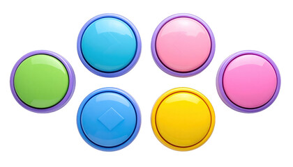 Seven colorful circular buttons with glossy tops and raised edges, on black backdrop
