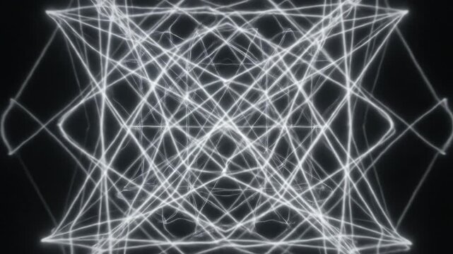Luminous geometry dances amidst smoky wisps in a grayscale composition, with converging lines creating a focal point