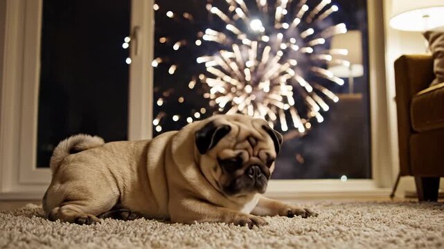 Pug rests on a rug with fireworks visible through a window, showcasing celebrations