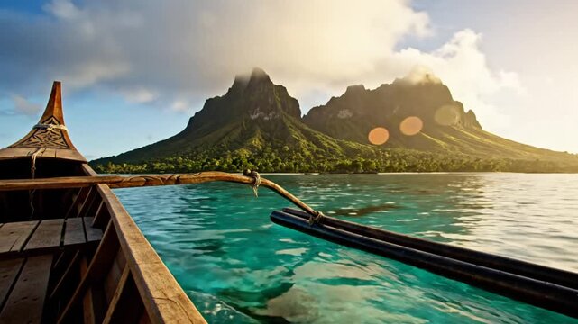 Scenic boat ride through turquoise waters towards majestic mountain peaks under a vibrant sky