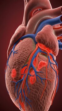 A detailed, anatomically correct illustration of a human heart showcasing its intricate structure and blood vessels against a dark red background