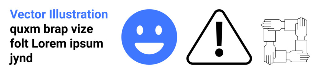 Fototapeta premium Emotion expression, warnings, safety, teamwork, collaboration, community. Blue smiling face, exclamation caution sign interlocked hands design. Emotion expression and warnings concept