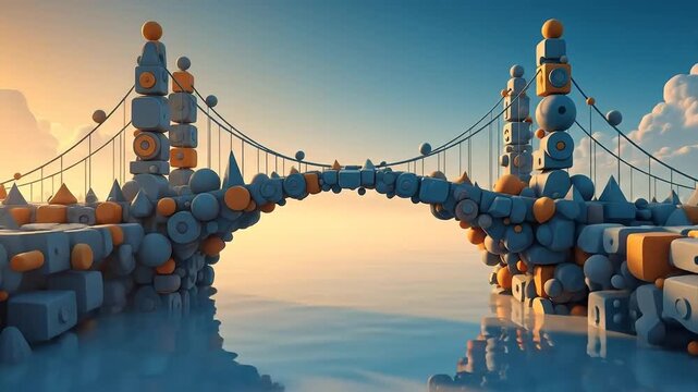 Abstract illustration of a bridge over a reflective surface under a bright sky