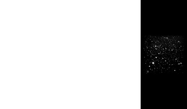 Abstract black and white overlay featuring scattered white particles suggesting intense snowfall dust or particulate matter against a dark background ideal for cinematic effects