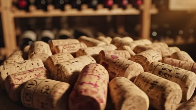 Close up view of a collection of wine corks with bottles in the background in a wine cellar