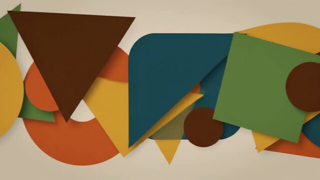 Geometric shapes - triangles, squares, circles - overlap in brown, yellow, teal, orange and green hues
