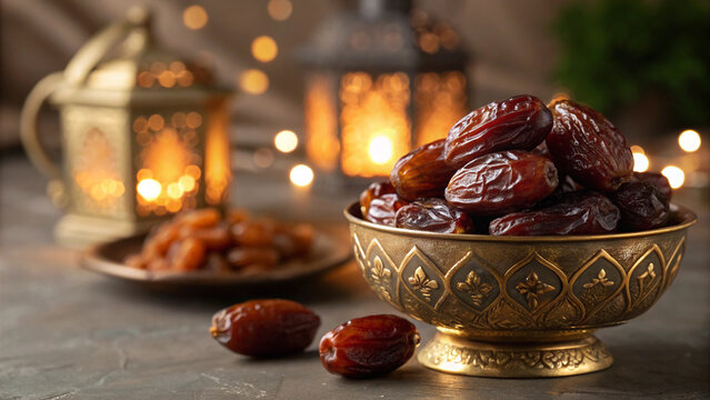 A beautiful, close-up photograph of a pile of fresh, glossy brown dates served in an intricate, golden ornate metal bowl. The background is softly blurred with warm, glowing bokeh lights from traditio