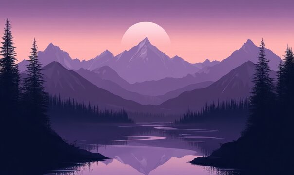 Tranquil pastel sunset over layered purple mountains with mirrored lake, winding reflective river, tall pine silhouettes and a calm, peaceful atmosphere