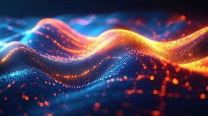 Fototapeta premium luminous undulating particle waves of glowing dots and mesh ridges in blue and orange, evoking dynamic futuristic motion and energy