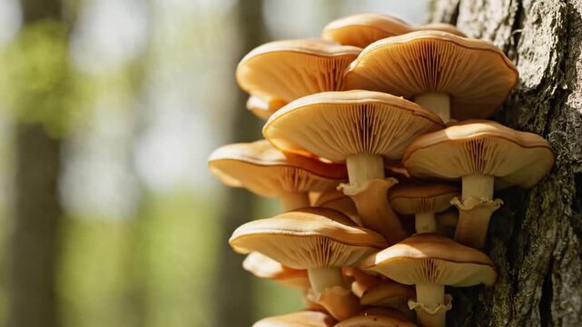 A cluster of brown mushrooms grows from the side of a tree trunk with green moss