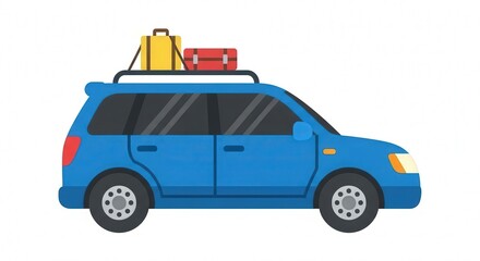 Fototapeta premium A blue car with luggage on its roof rack, ready for a road trip or vacation, depicted in a flat design style.