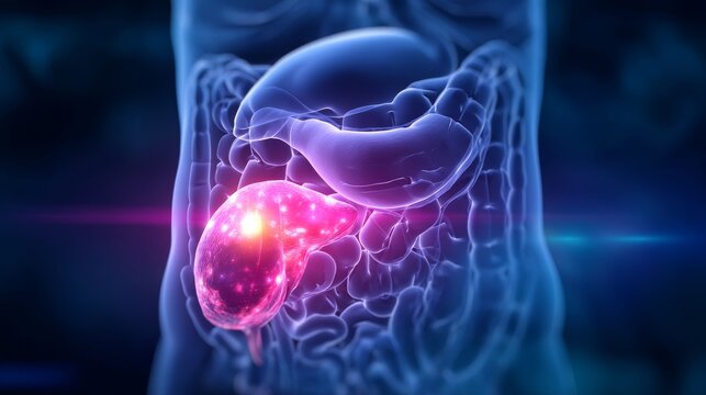 Illustration shows pancreatic disease with bright colors highlighting affected areas and internal organs in a human body outline