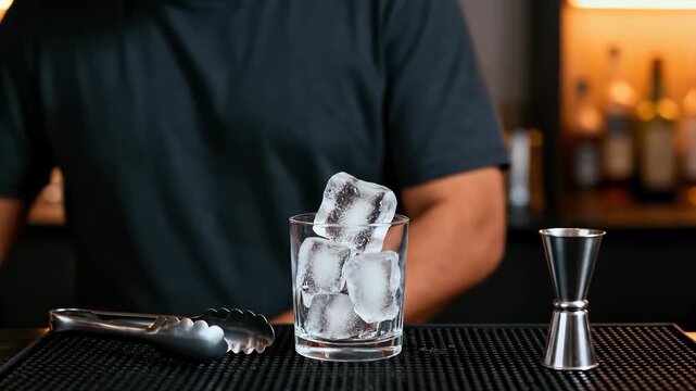 Bartender using metal tongs to fill a glass with large ice cubes on a black rubber bar mat